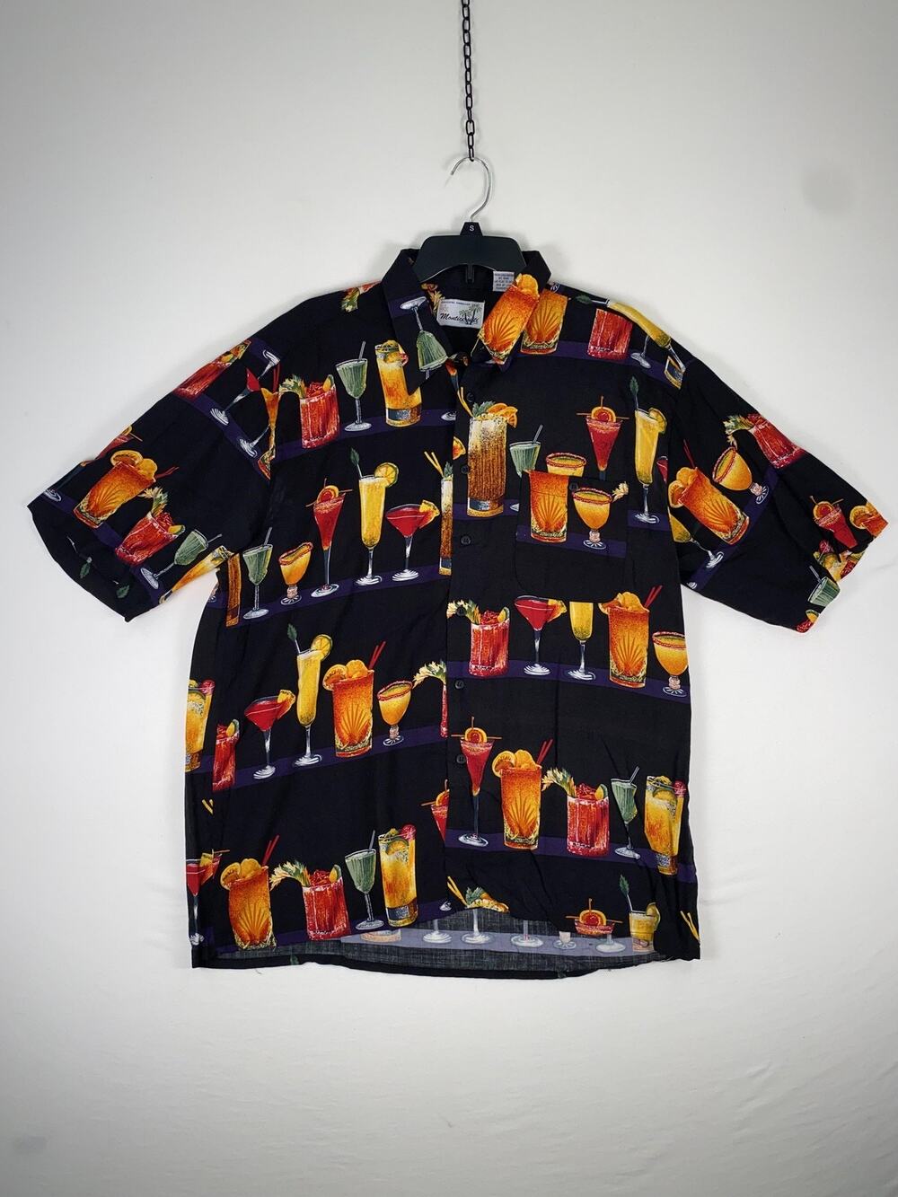 Monticello Shirt Mens XL Black Cocktail Hawaiian Short Sleeve Button Up Rayon